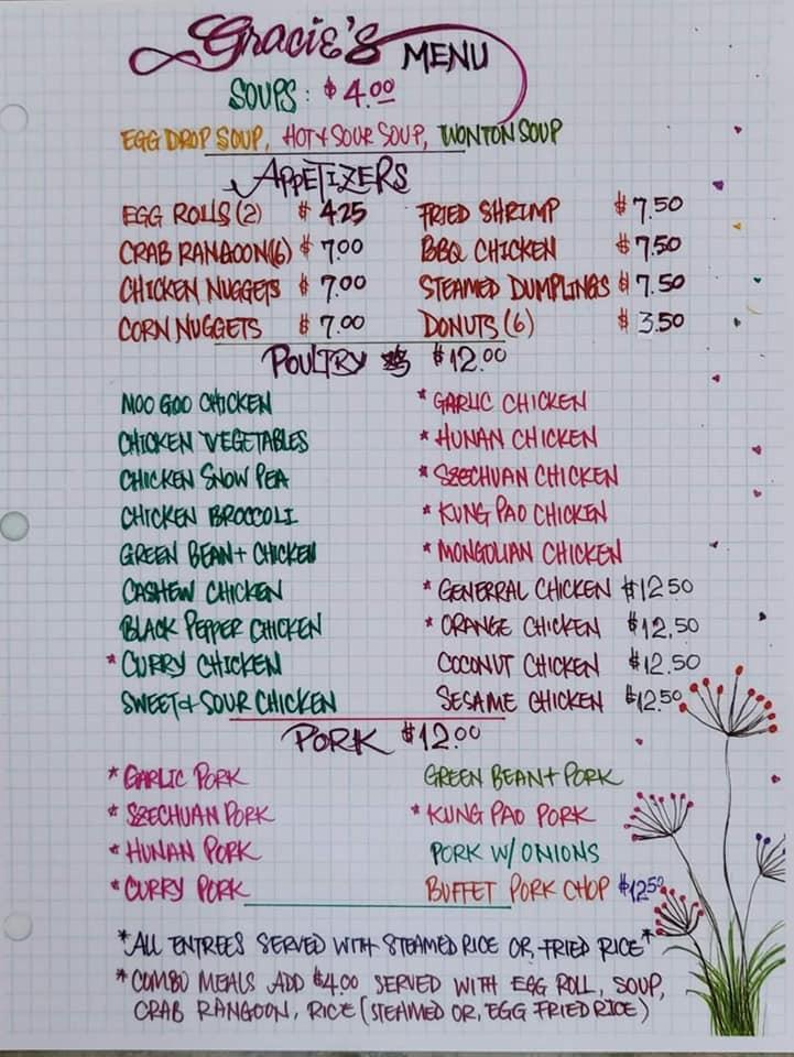 Menu at Gracie's Chinese Cuisine restaurant, Evansville