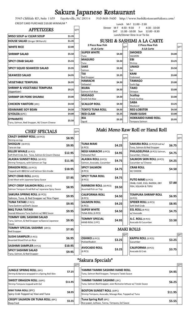 Menu at Sakura Restaurant, Fayetteville, Cliffdale Rd 1109