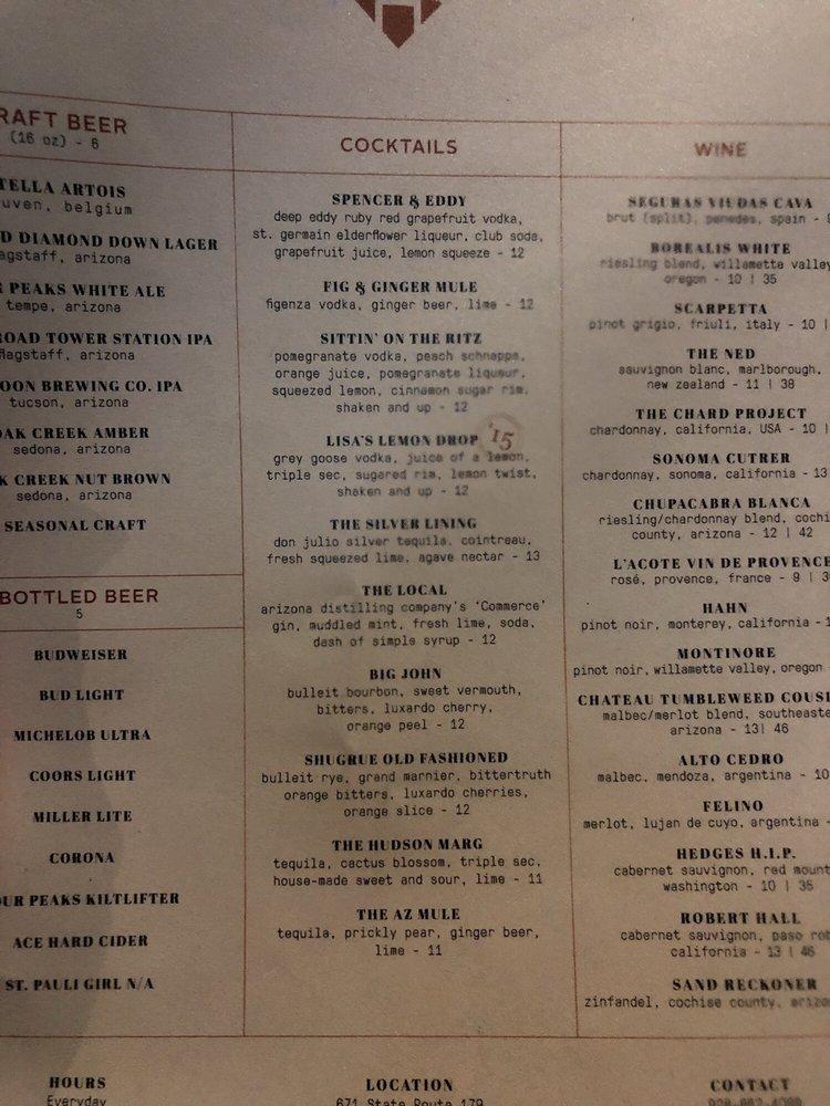 Menu at The Hudson pub & bar, Sedona, 671 AZ179 ste d