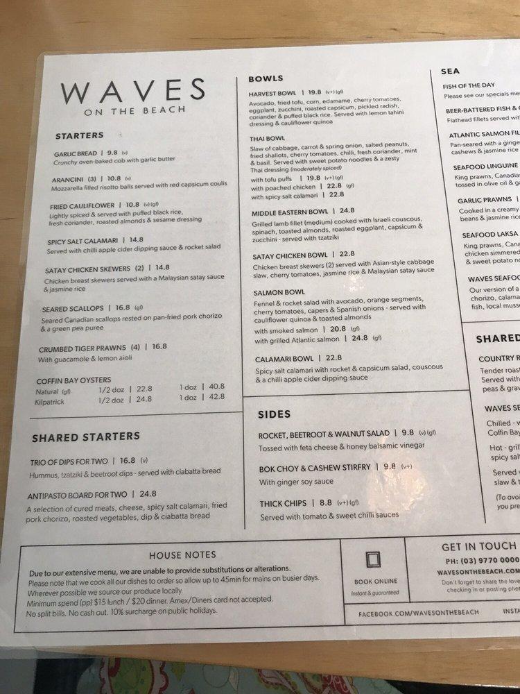 Menu at Waves on the Beach Restaurant, Frankston