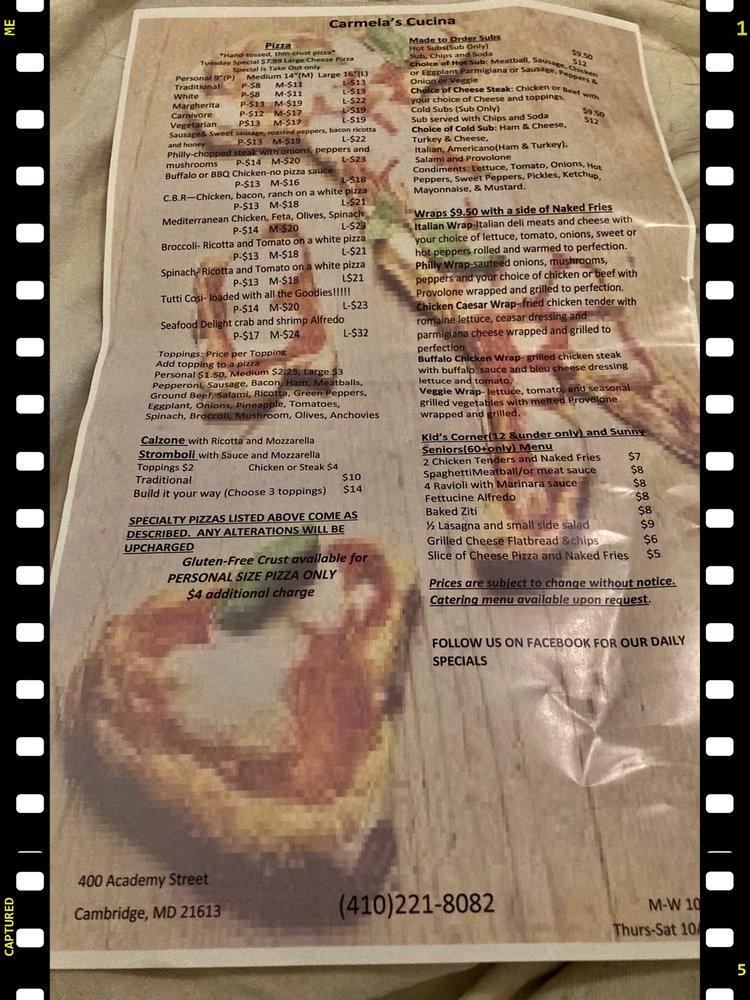 Menu at Carmela's Cucina pizzeria, Cambridge, 400 Academy St