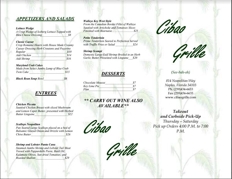 Menu at Cibao Grille restaurant, Naples