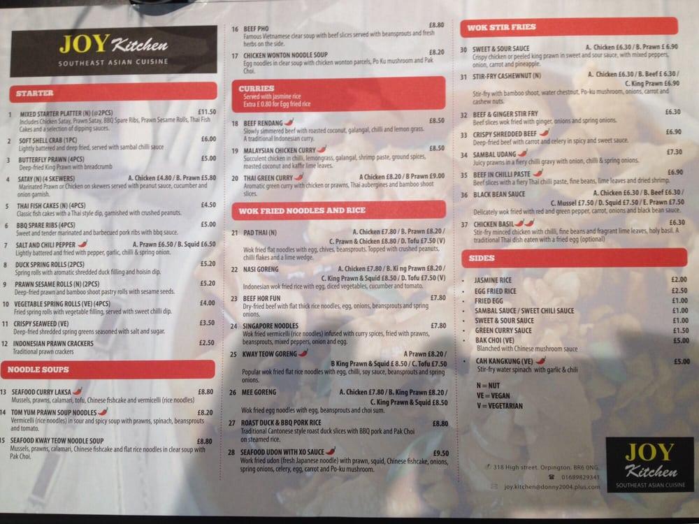 Menu at JOY KITCHEN Southeast Asian Cuisine restaurant, Orpington