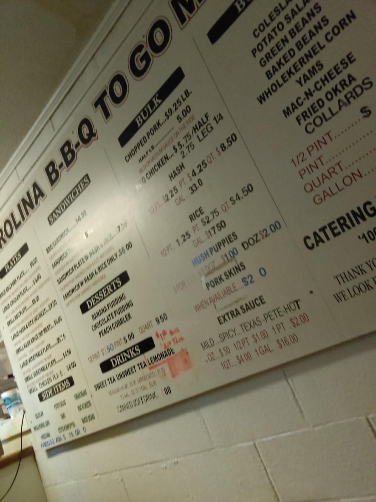 Menu at Carolina Bar-B-Que, New Ellenton