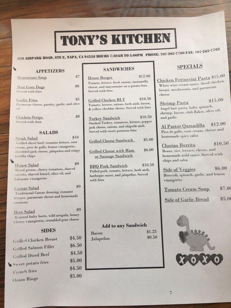 Menu at TONY'S KITCHEN restaurant, Napa, 630 Airpark Rd suite e