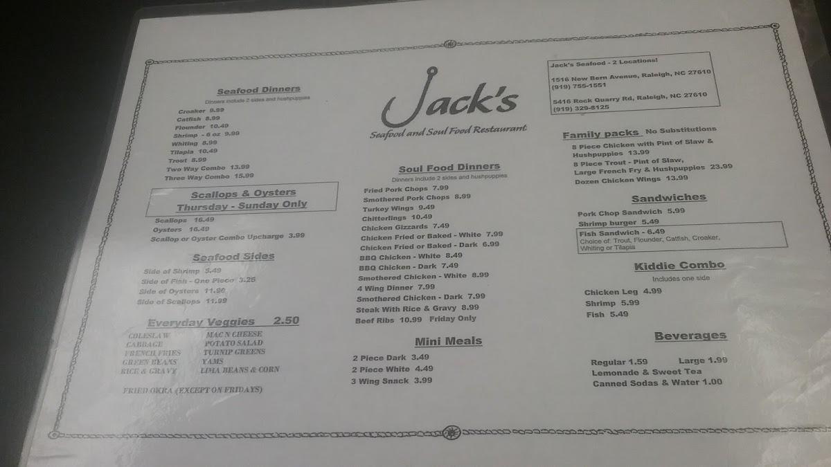 Menu at Jack's Seafood Restaurant, Raleigh