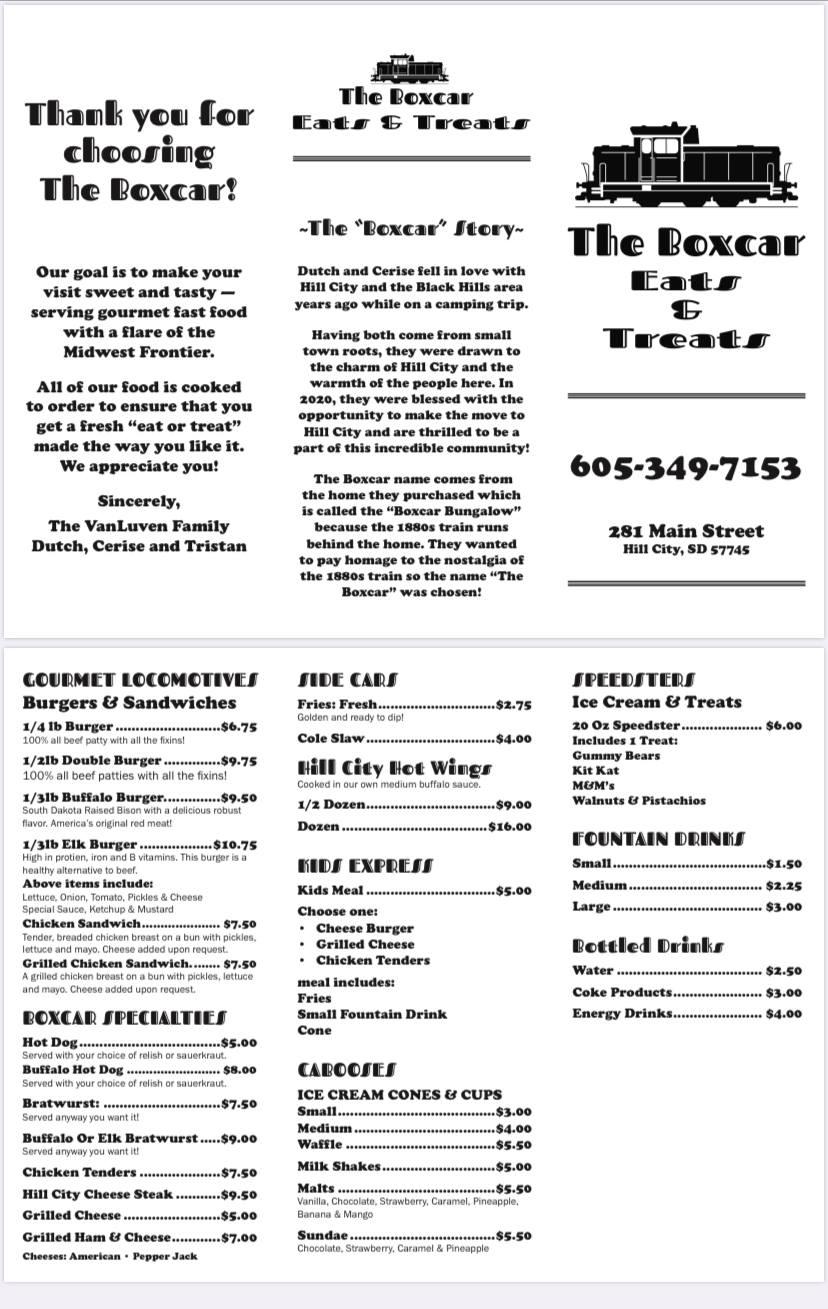 Menu at The Boxcar Eats and Treats restaurant, Hill City