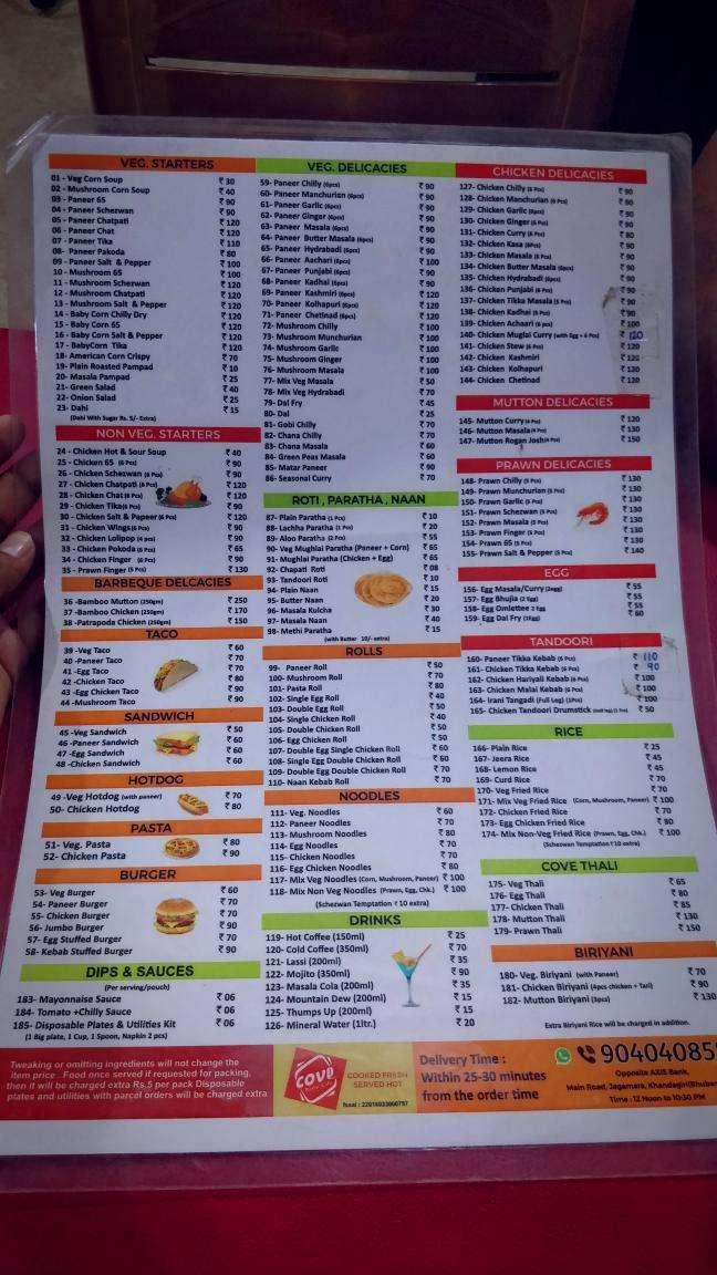 COVE Restaurant menu
