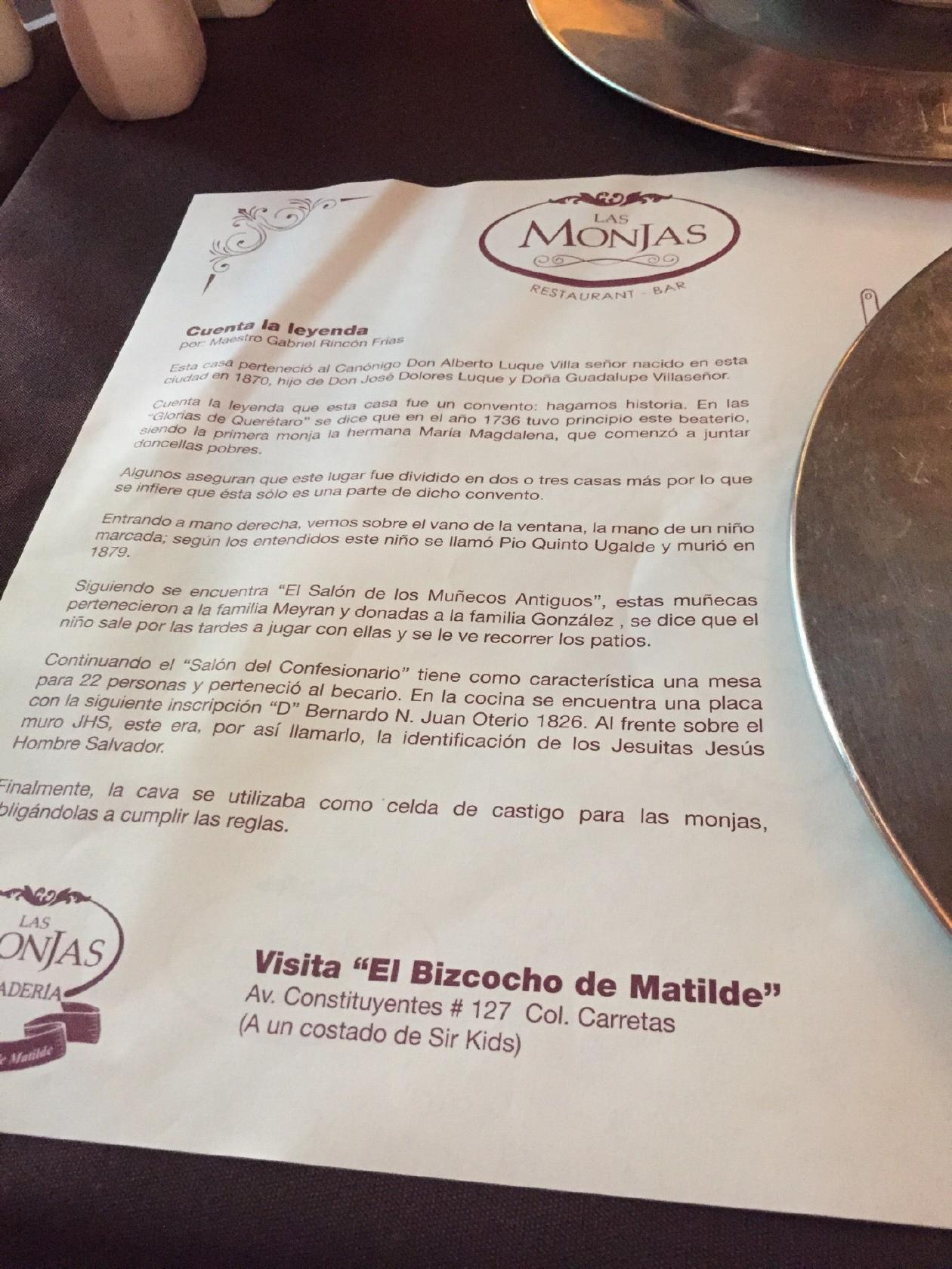 Menu at Restaurante Las Monjas, Santiago de Querétaro