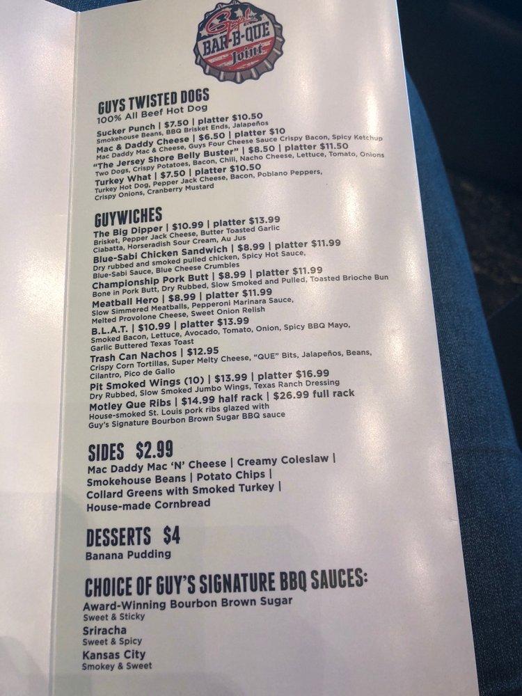 Menu at Guy's BarBQue Joint, Atlantic City