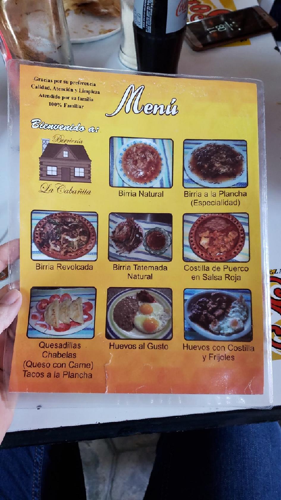 Menu at Birriería La Cabaña restaurant, Jalostotitlán