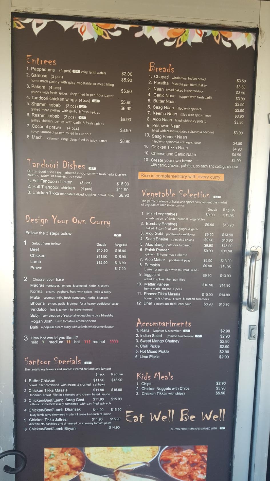 Menu at Santoor Indian cuisine restaurant, Petrie