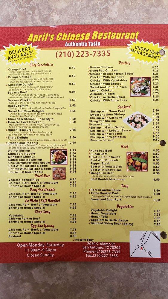Menu at April's Chinese Restaurant, San Antonio