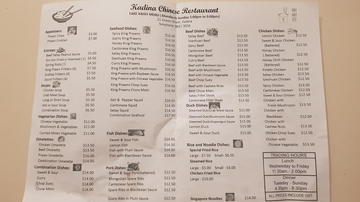 Menu at Kadina Chinese Takeaway restaurant, Kadina