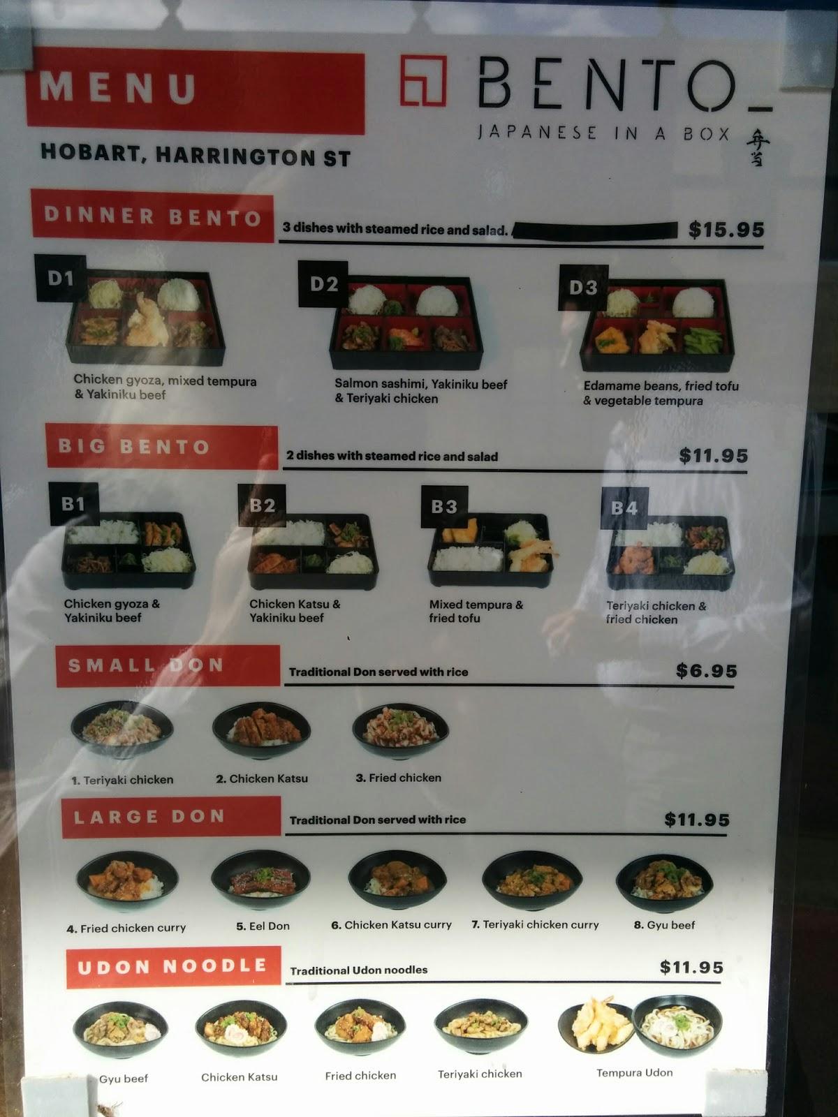 Menu at Bento Hobart City, Harrington Street, Hobart, 83 Harrington St