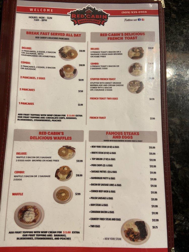 Menu at Tapia's Red Cabin restaurant, Running Springs