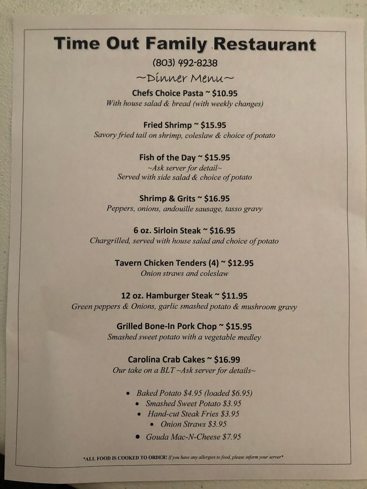 Menu at Time Out Tavern pub & bar, Eutawville