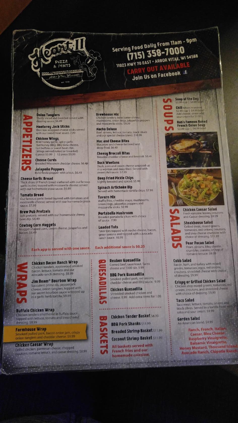 Menu at Heart II Bar & Grill, Woodruff, WI70