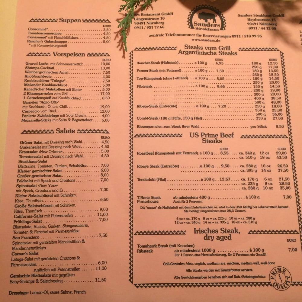 Speisekarte von Sanders Steakhaus, Nürnberg, Längenstraße 10