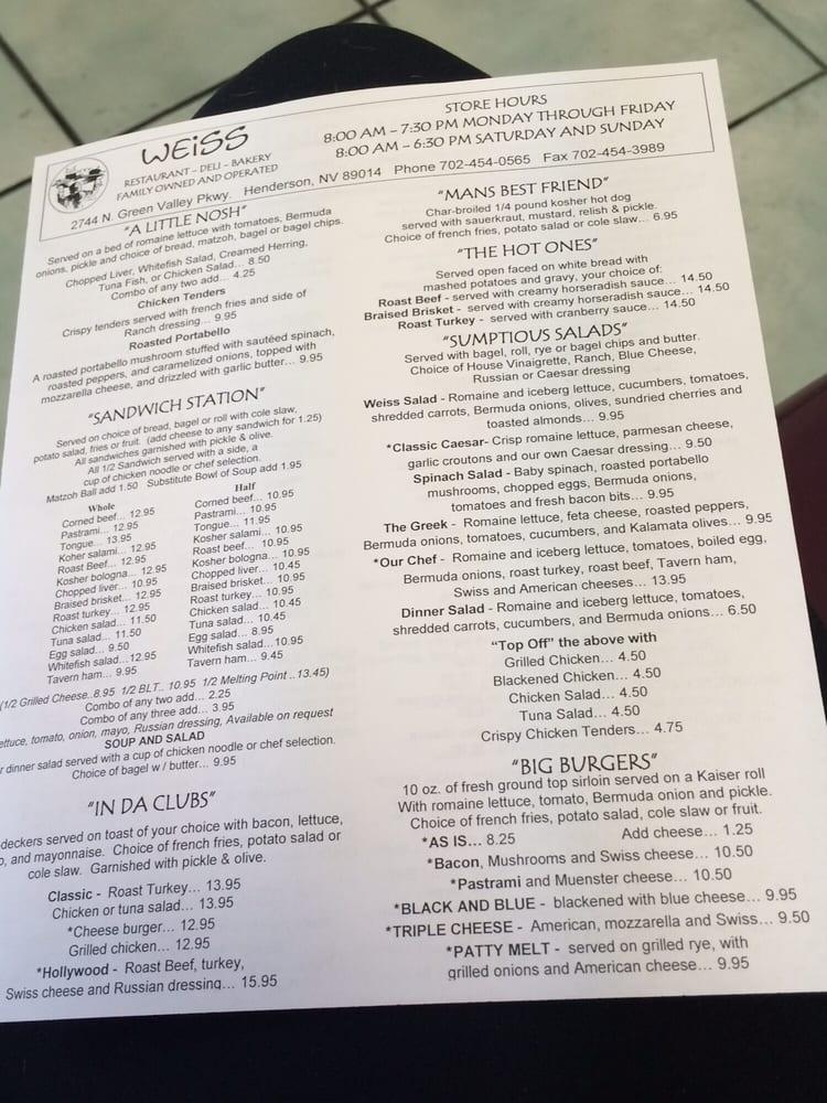 Menu at Weiss Deli restaurant, Henderson