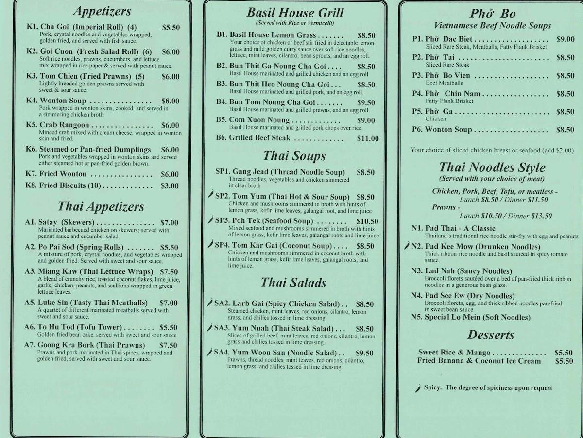 Menu at Basil House restaurant, Texas City