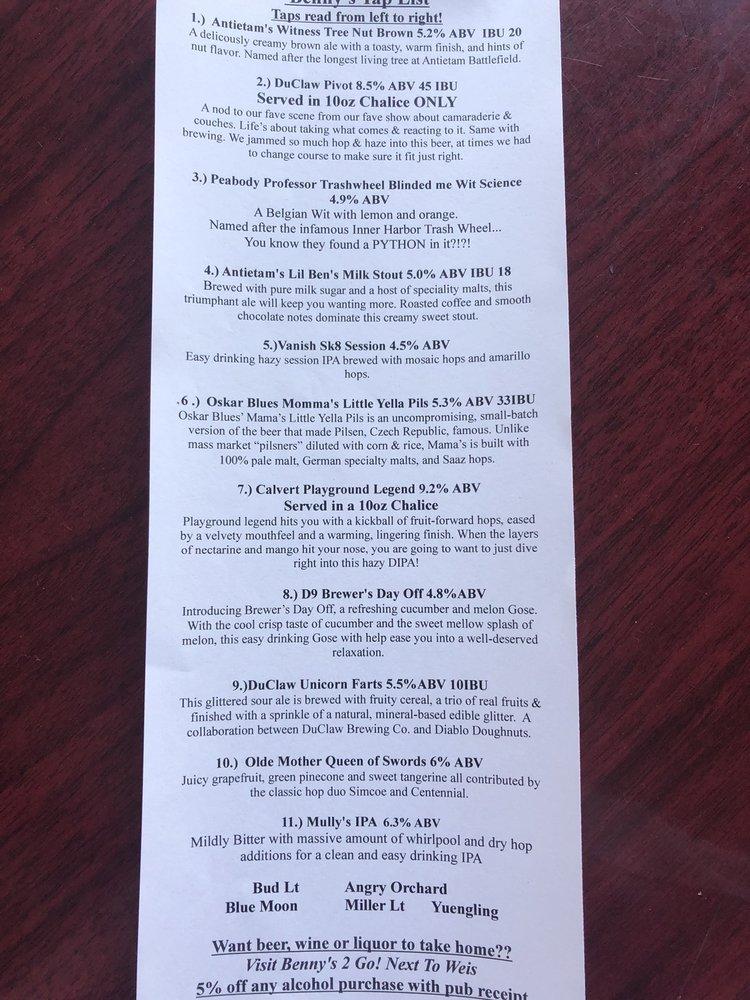 Menu at Benny's Pub, Hagerstown