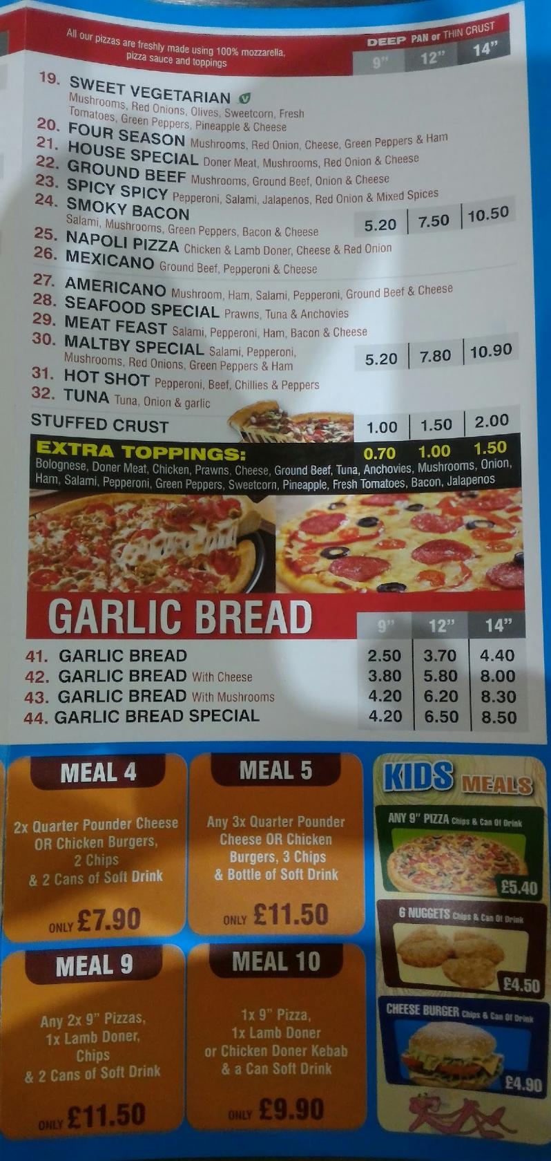 Menu at Maltby Charcoal Grill pizzeria, Braithwell