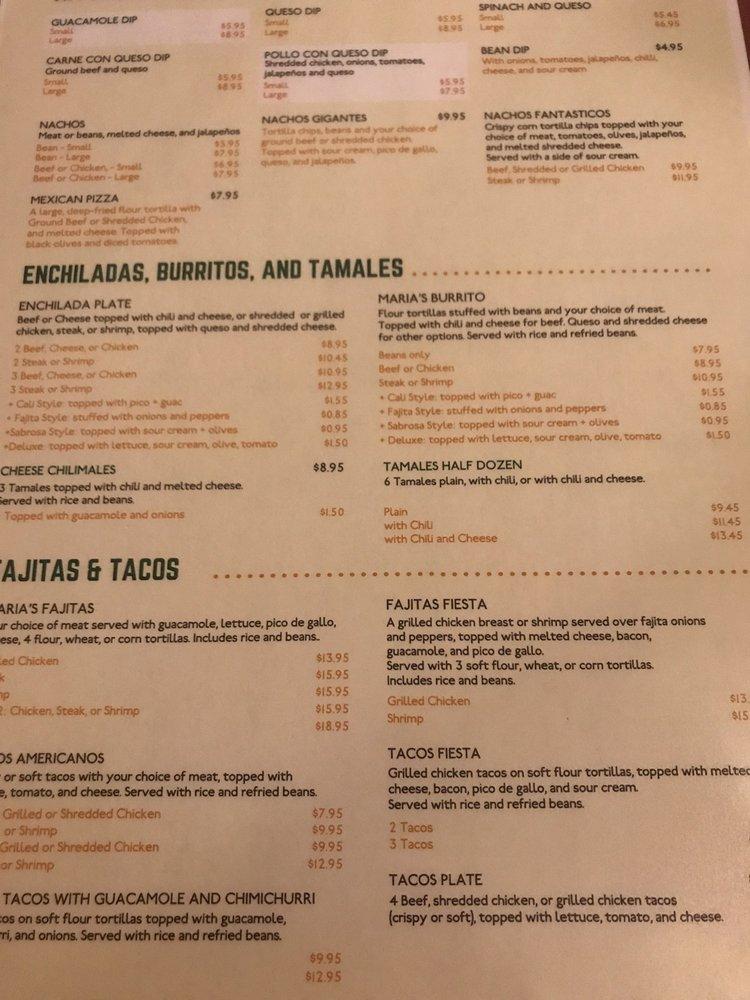 Menu at Maria's Mexican Restaurant, Denham Springs