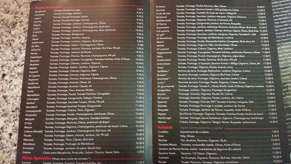 Menu au Pizza Plazza, Florennes