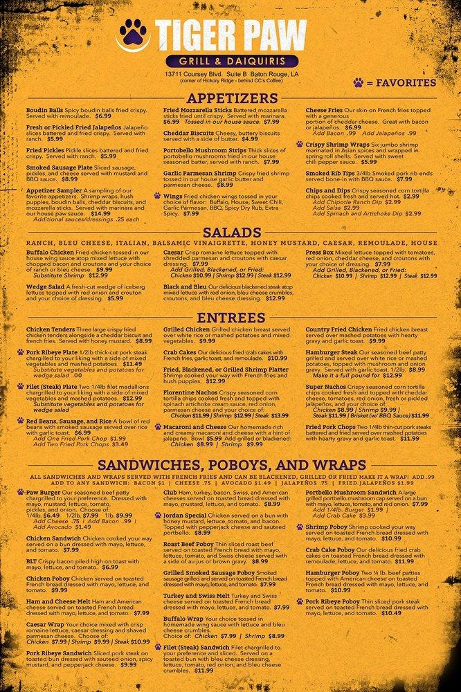 Menu at Tiger Paw Grill and Daiquiris pub & bar, Baton Rouge, Coursey Blvd