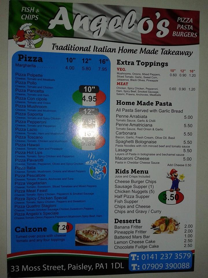 Menu at Angelo's pizzeria, Paisley