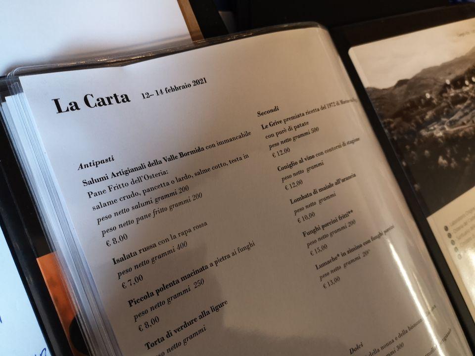 Menu di Osteria del Castello in Cengio Alto dal 1906 