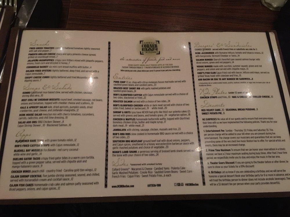 Menu at Darryl's Corner Bar & Kitchen, Boston