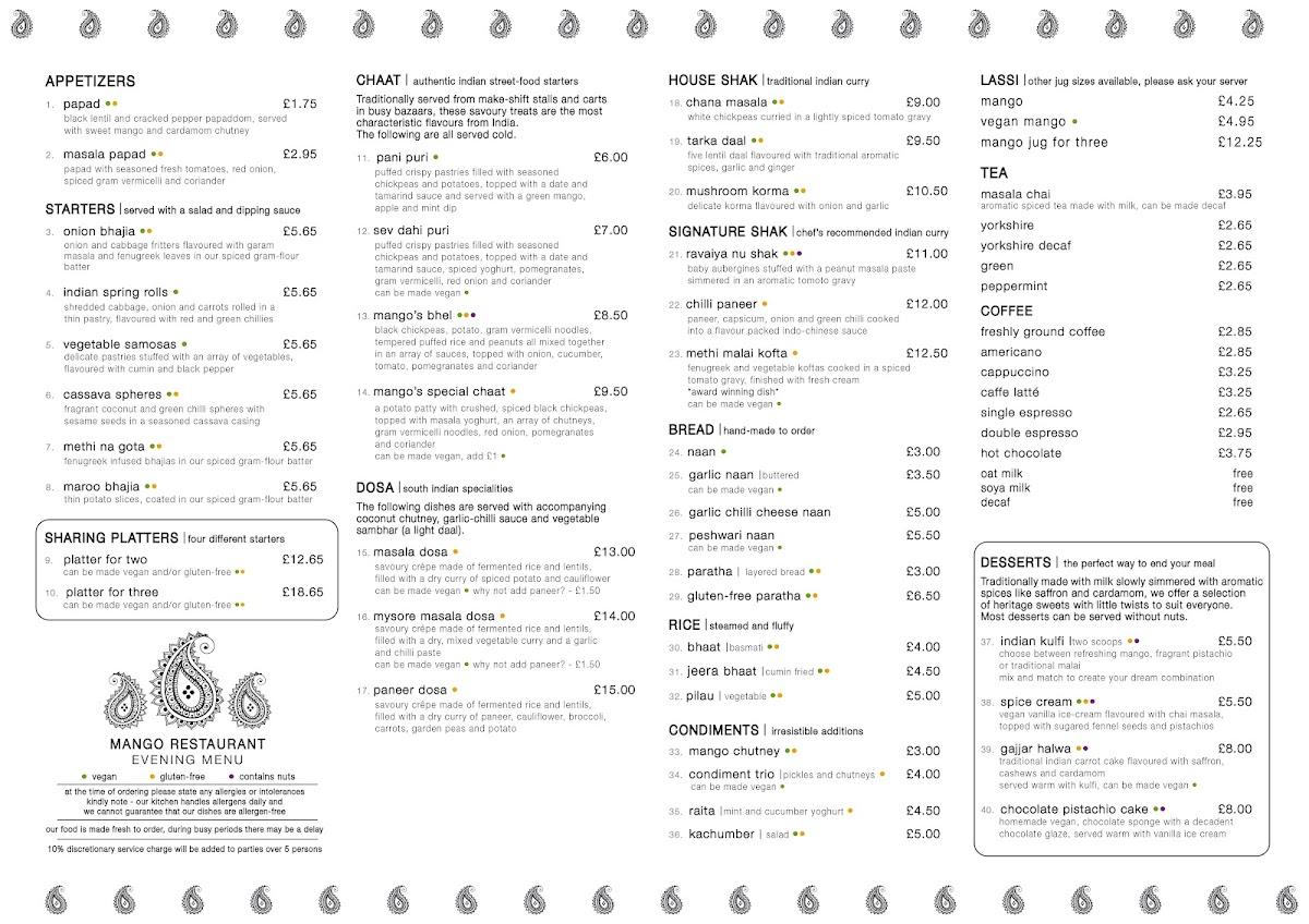 Menu at Mango Restaurant, Wetherby