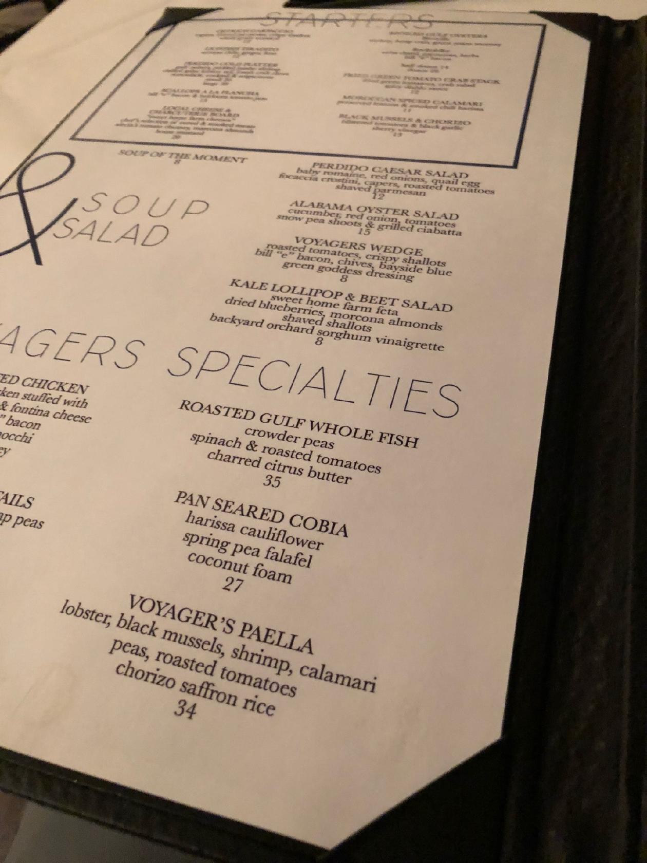 the voyagers menu