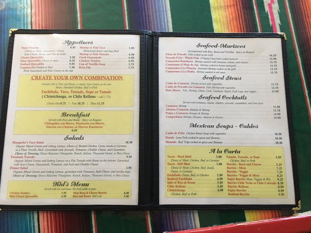 Menu at Margaritas Mexican Restaurant, South Lake Tahoe
