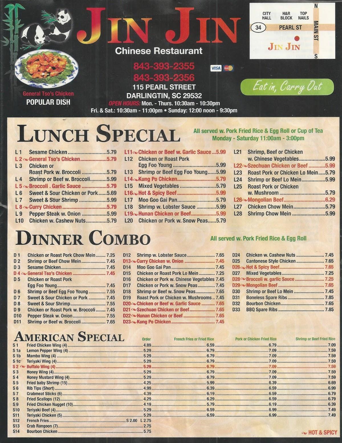 Menu at Jin Jin Chinese Restaurant, Darlington