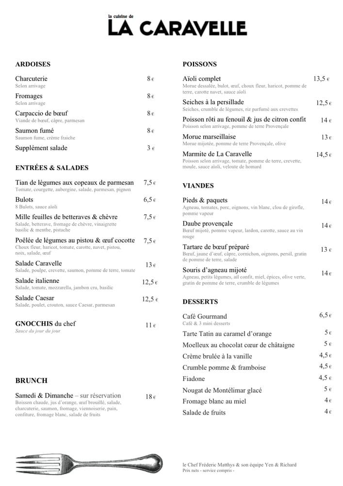 Menu at La Caravelle pub & bar, Marseille