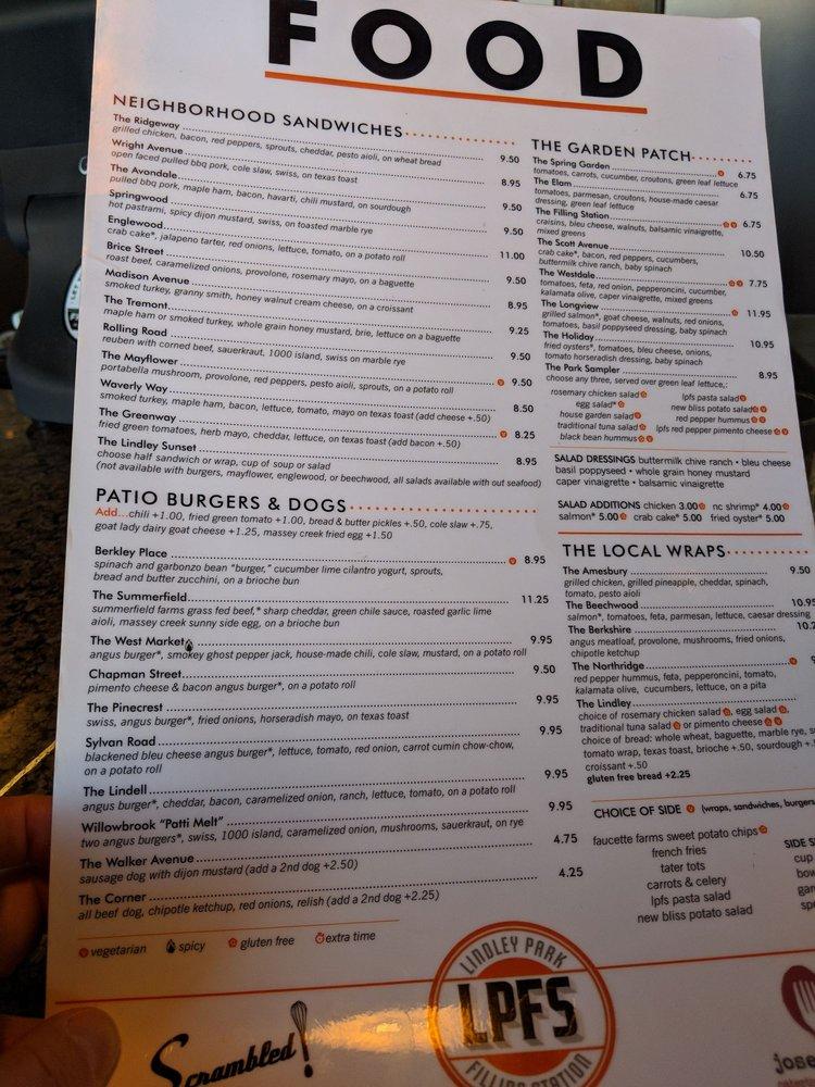 Menu at Lindley Park Filling Station restaurant, Greensboro, Walker Ave