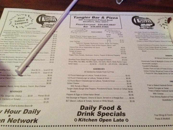 Menu at Tangier Bar & Pizza, Struthers