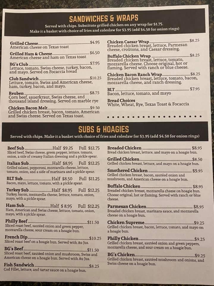 Menu at BG's Bar & Grill, Mountain Iron