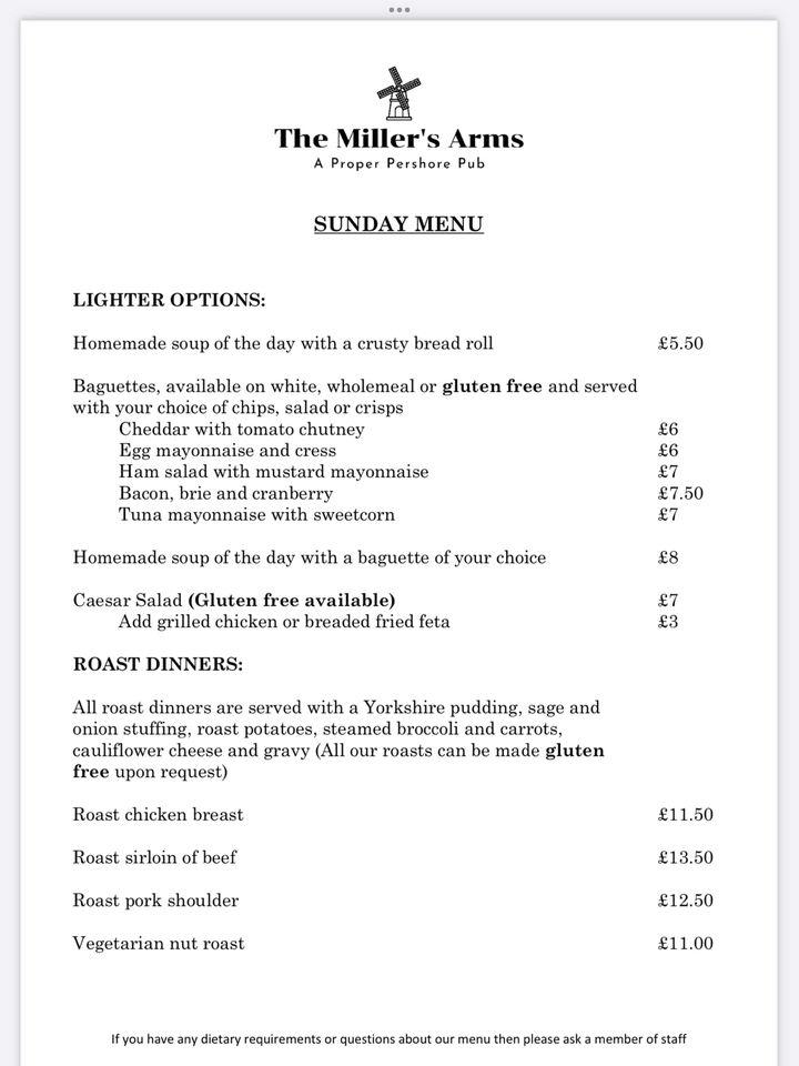 Menu At Millers Arms Pub & Bar, Pershore