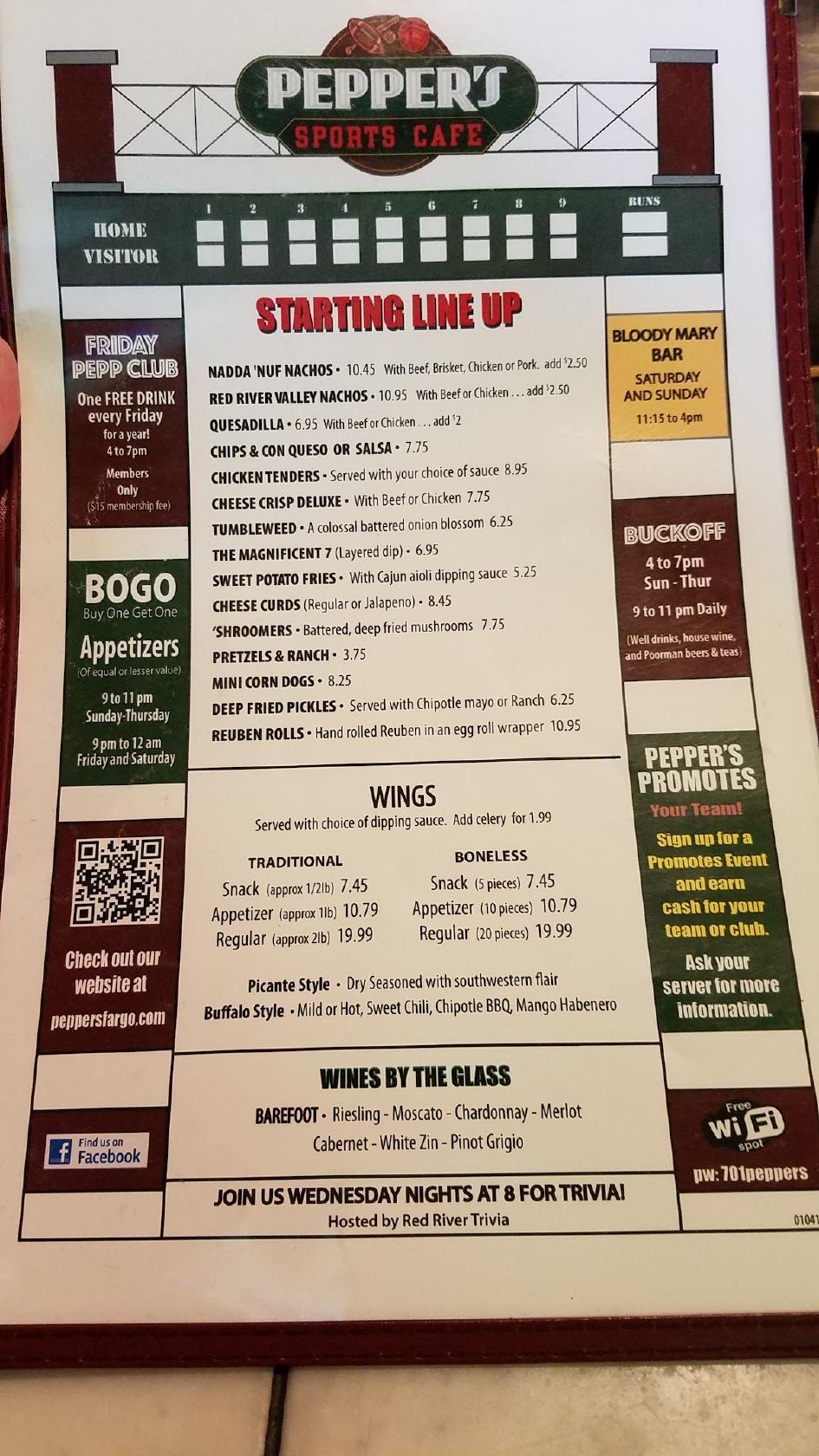 Menu at Pepper's Sports Cafe, Fargo