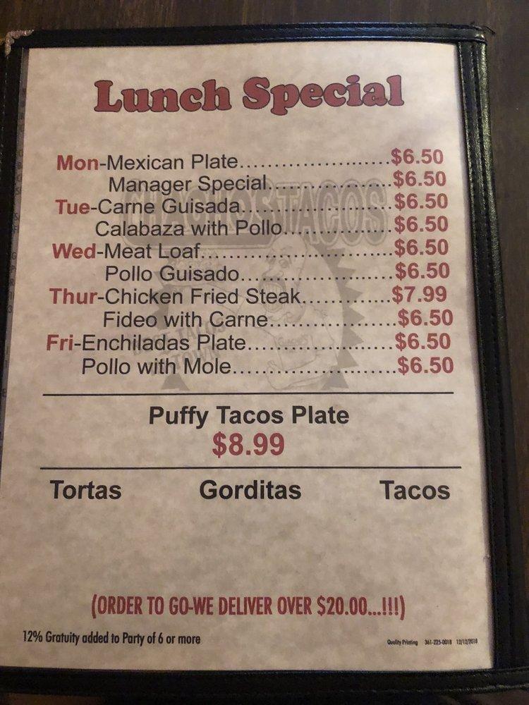 Menu at Chacho's Tacos restaurant, Corpus Christi, Ayers St