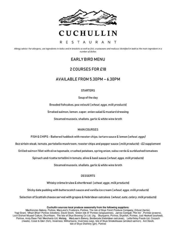 Menu at Cuchullin Restaurant, Portree