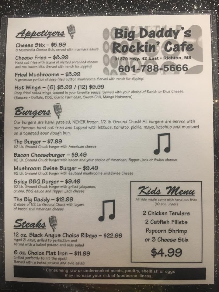 Menu at Big Daddy's Rockin' Cafe', Richton