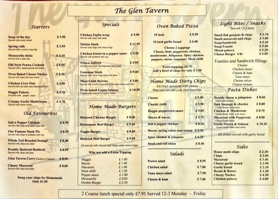 Menu at The Glen Tavern pub & bar, Dunfermline, 110-112 Pittencrieff St