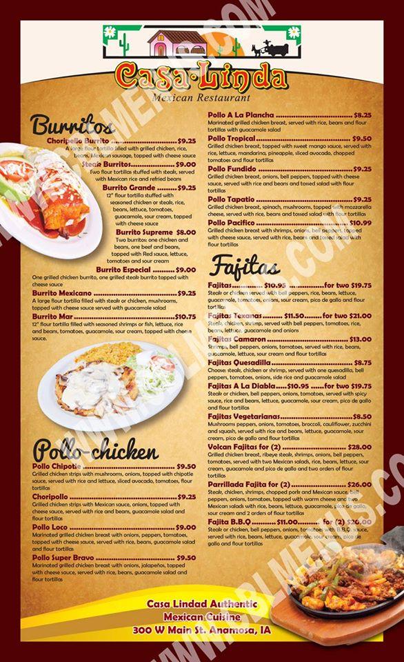 Menu at CASA LINDA Mexican GRILL restaurant, Anamosa