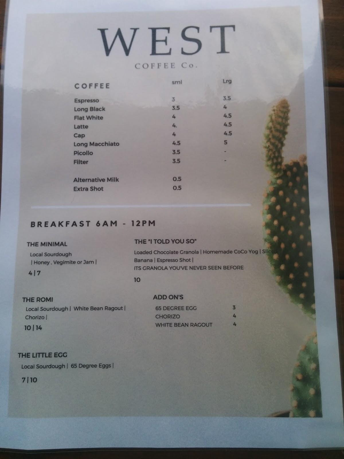 Menu at WEST Coffee Co. ESPRESSO BAR, Margaret River