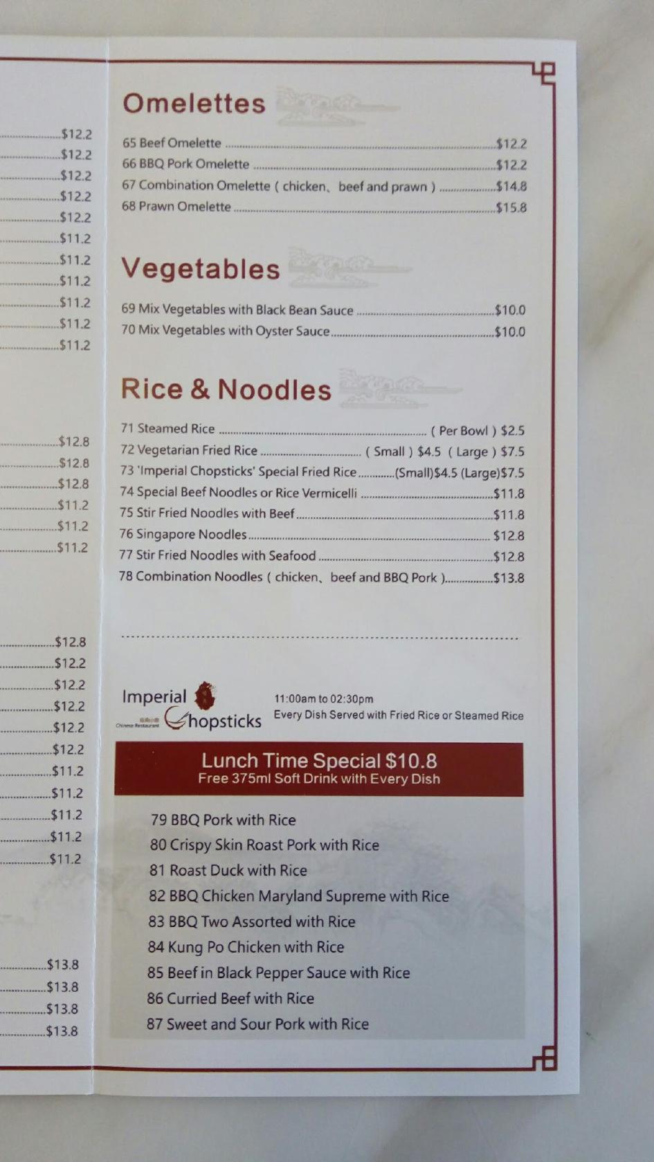 Menu at Imperial Chopsticks restaurant, Murray Bridge